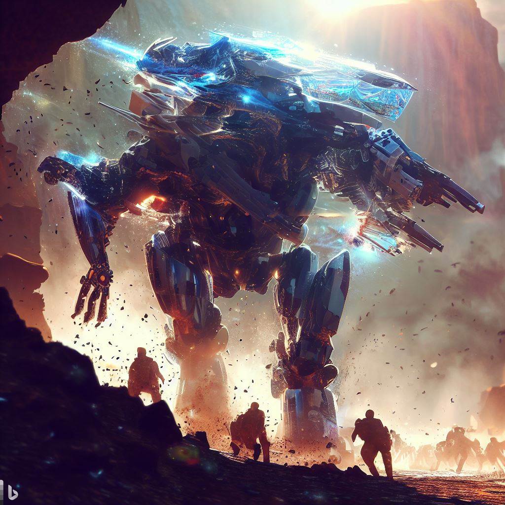 futuristic dinosaur mech with shattered glass body, glowing, sparks, battle soldiers in canyon, lens flare, detailed smoke, realistic, in the style of h.r. giger 1.jpg